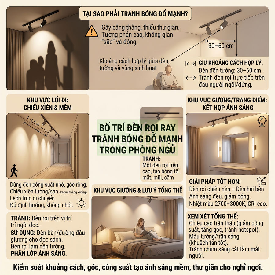 Hướng dẫn bố trí đèn rọi ray trong phòng ngủ để giảm bóng đổ mạnh và tạo ánh sáng thư giãn