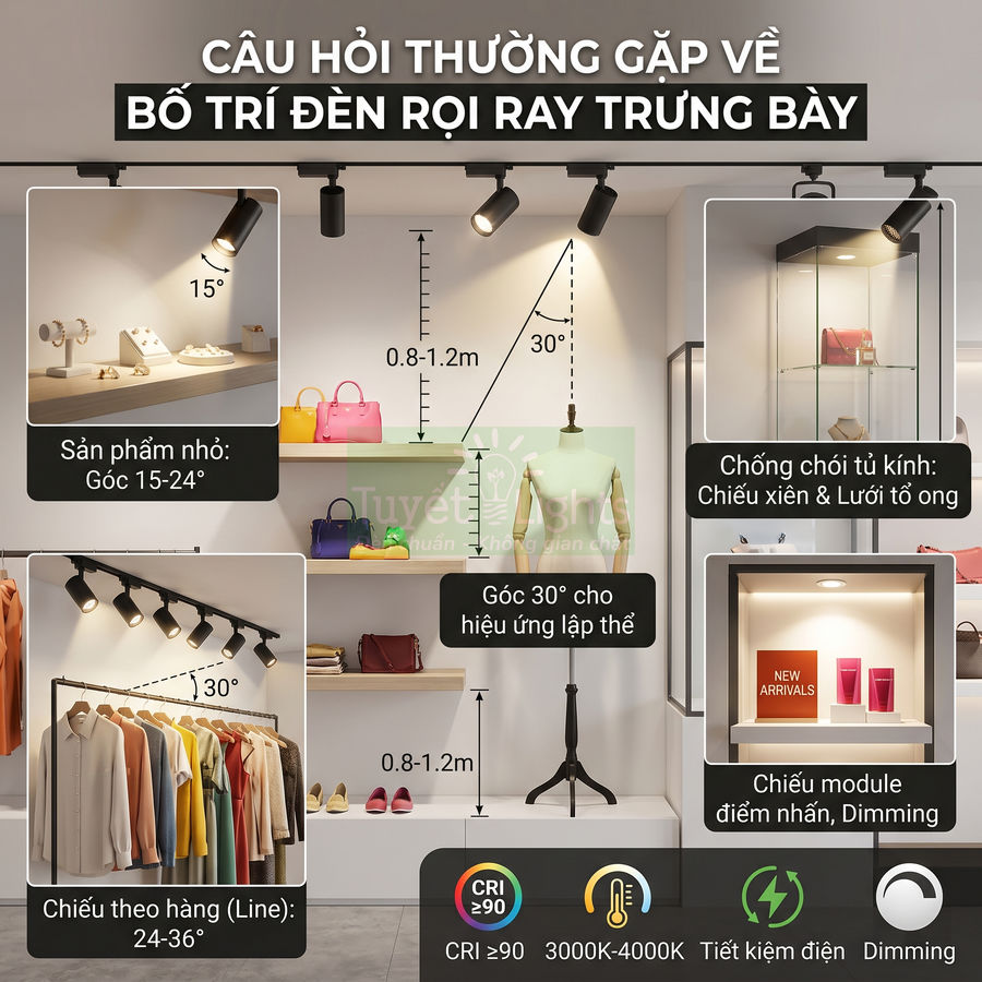Bố trí đèn rọi ray trưng bày sản phẩm thời trang và phụ kiện trong cửa hàng, chiếu sáng tủ kính và kệ trưng bày