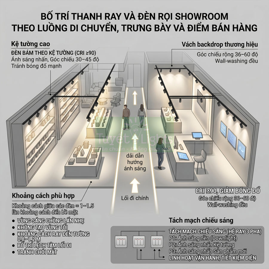 Sơ đồ bố trí thanh ray và đèn rọi LED cho showroom bán hàng tối ưu ánh sáng trưng bày sản phẩm