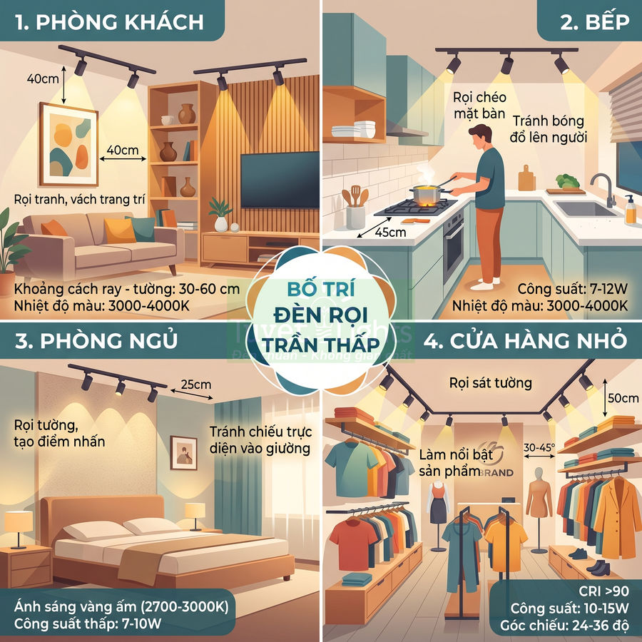 Minh họa cách bố trí đèn rọi trần thấp cho phòng khách, bếp, phòng ngủ và cửa hàng nhỏ