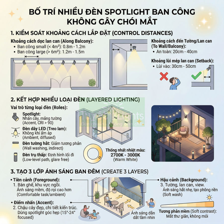Hướng dẫn bố trí nhiều đèn spotlight và đèn LED cho ban công ban đêm không gây chói mắt