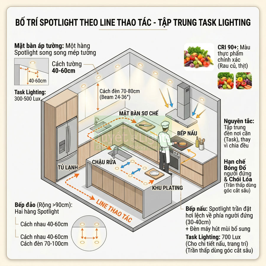 Sơ đồ bố trí đèn spotlight chiếu sáng khu vực bếp, chậu rửa và mặt bàn sơ chế trong phòng bếp hiện đại