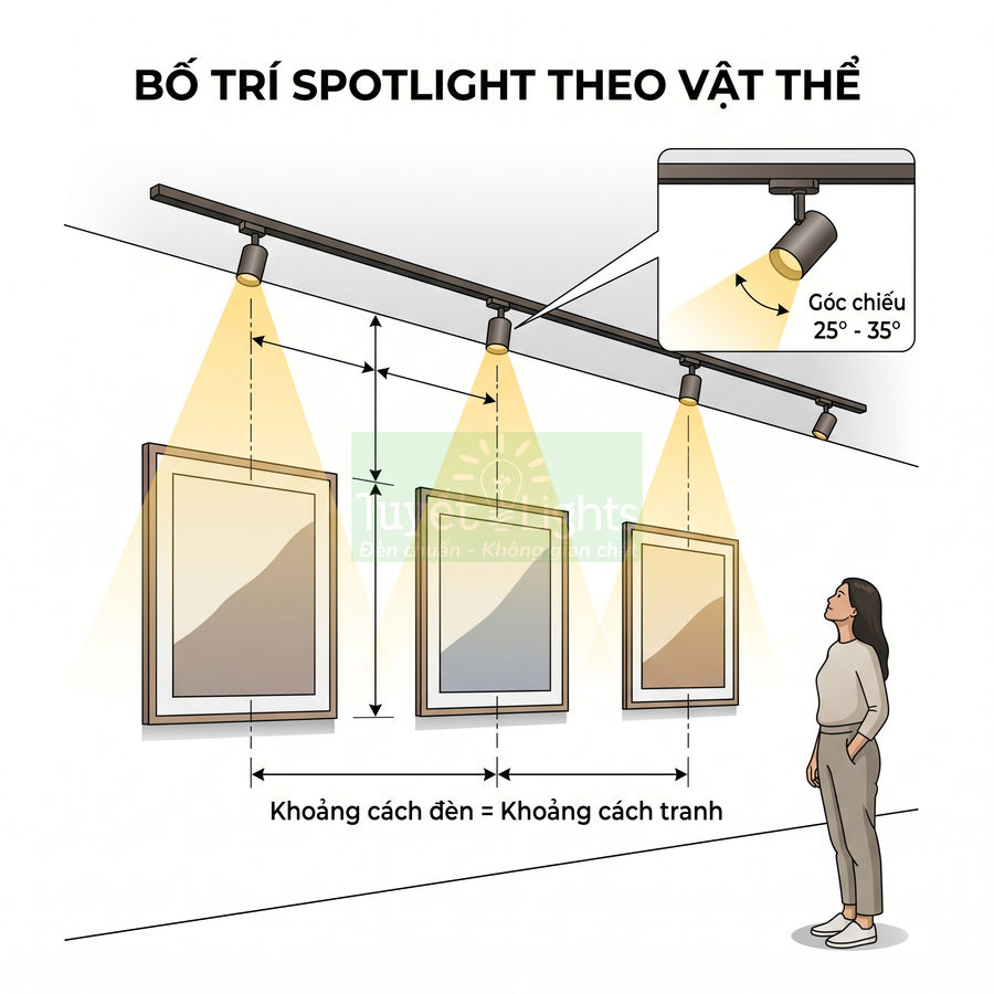 Cách bố trí đèn rọi ray spotlight chiếu tranh treo tường với khoảng cách và góc chiếu chuẩn