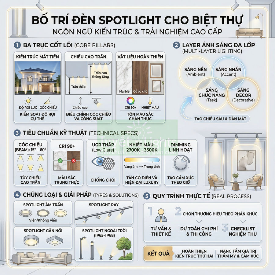 Đèn spotlight cho biệt thự: bố trí chuẩn kiến trúc