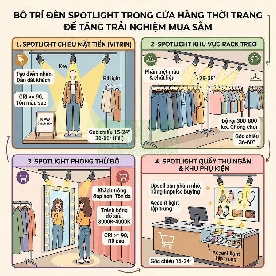Minh họa bố trí đèn spotlight trong cửa hàng thời trang chiếu sáng mannequin, rack quần áo, phòng thử đồ và quầy thu ngân