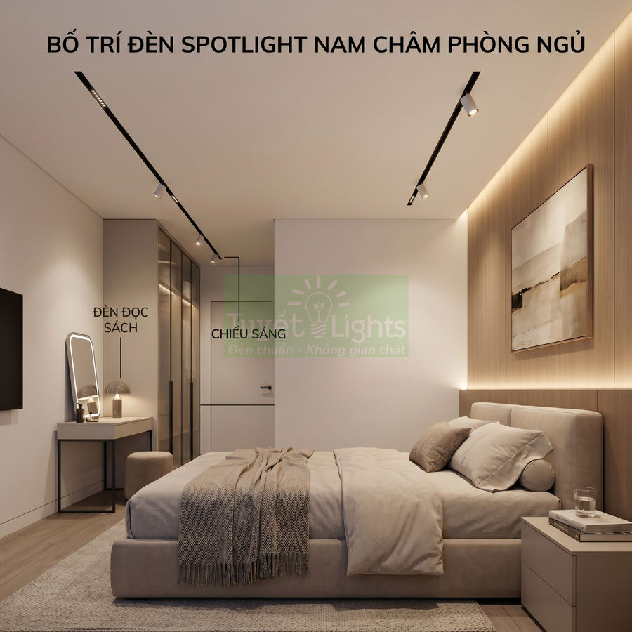 Phòng ngủ hiện đại lắp đèn spotlight nam châm trên trần chiếu sáng giường ngủ và bàn đọc sách