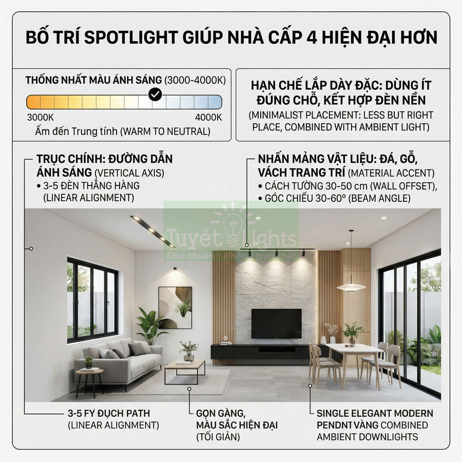 Phòng khách nhà cấp 4 hiện đại với hệ thống đèn spotlight âm trần và đèn thả trang trí tối giản