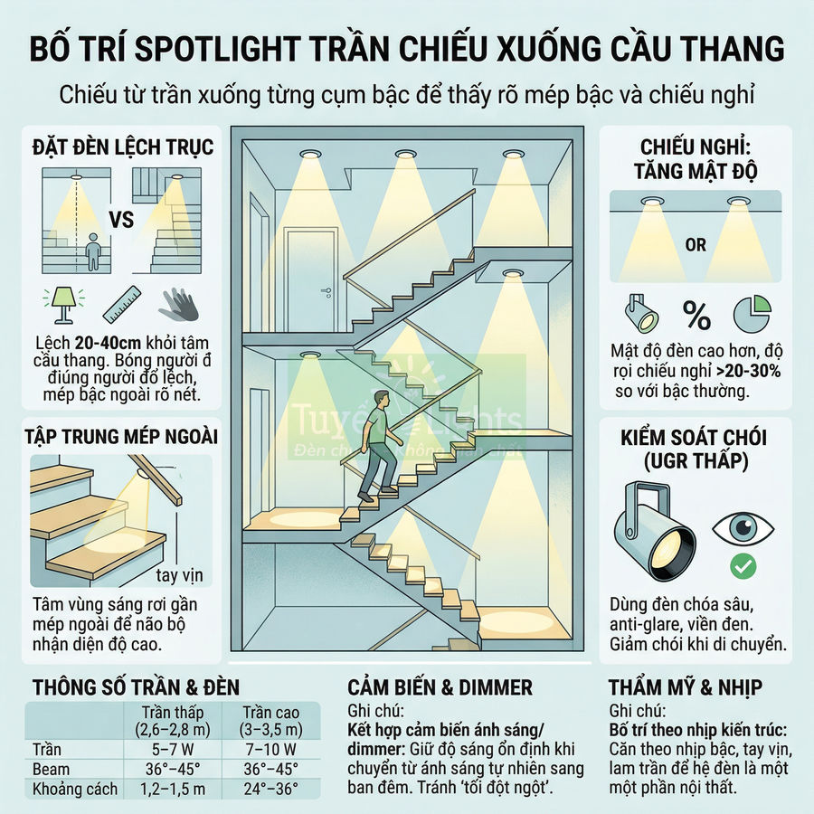 Hướng dẫn bố trí đèn spotlight trần chiếu xuống cầu thang, tập trung mép bậc và chiếu nghỉ an toàn