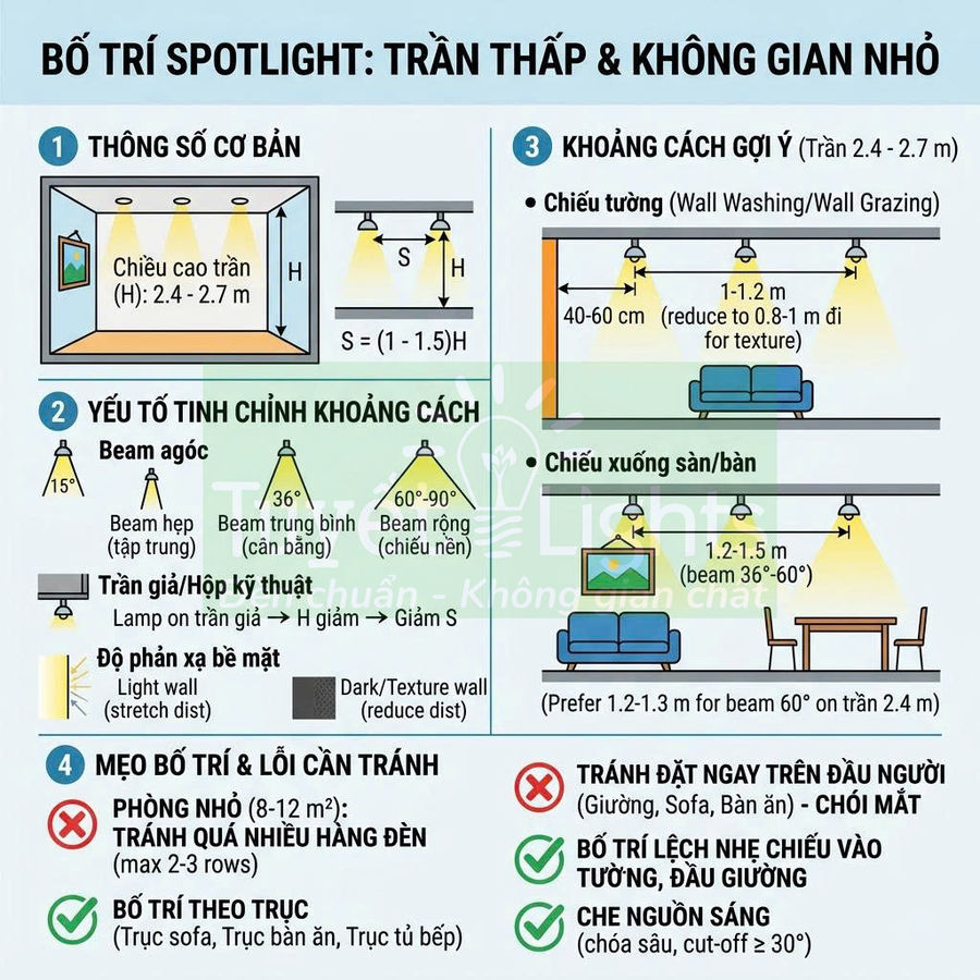 Hướng dẫn bố trí đèn spotlight cho trần thấp và không gian nhỏ với khoảng cách và góc chiếu tối ưu
