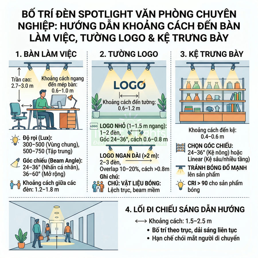 Hướng dẫn bố trí đèn spotlight văn phòng cho bàn làm việc, tường logo, kệ trưng bày và lối đi