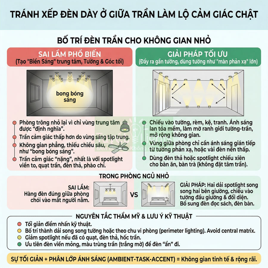 Infographic hướng dẫn bố trí đèn trần cho phòng nhỏ, so sánh cách lắp sai và giải pháp chiếu sáng tối ưu