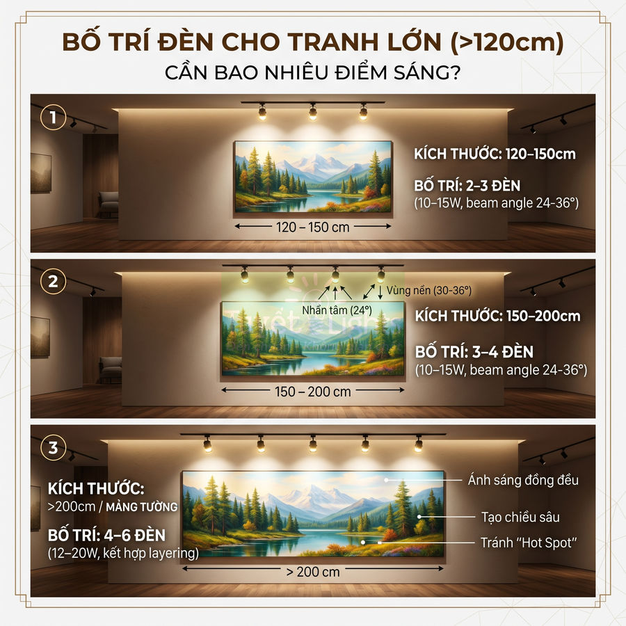 Hướng dẫn bố trí đèn rọi tranh cho tranh treo tường lớn trên 120cm trong phòng trưng bày