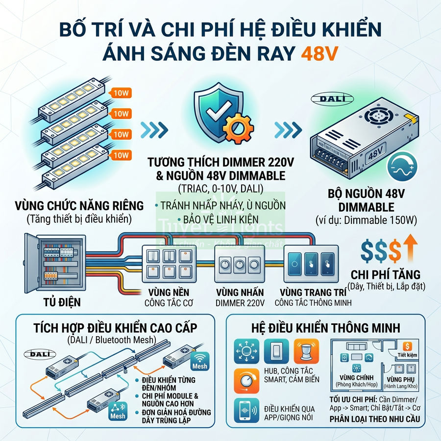Sơ đồ bố trí và chi phí hệ điều khiển ánh sáng đèn ray 48V với bộ nguồn 48V dimmable và dimmer thông minh