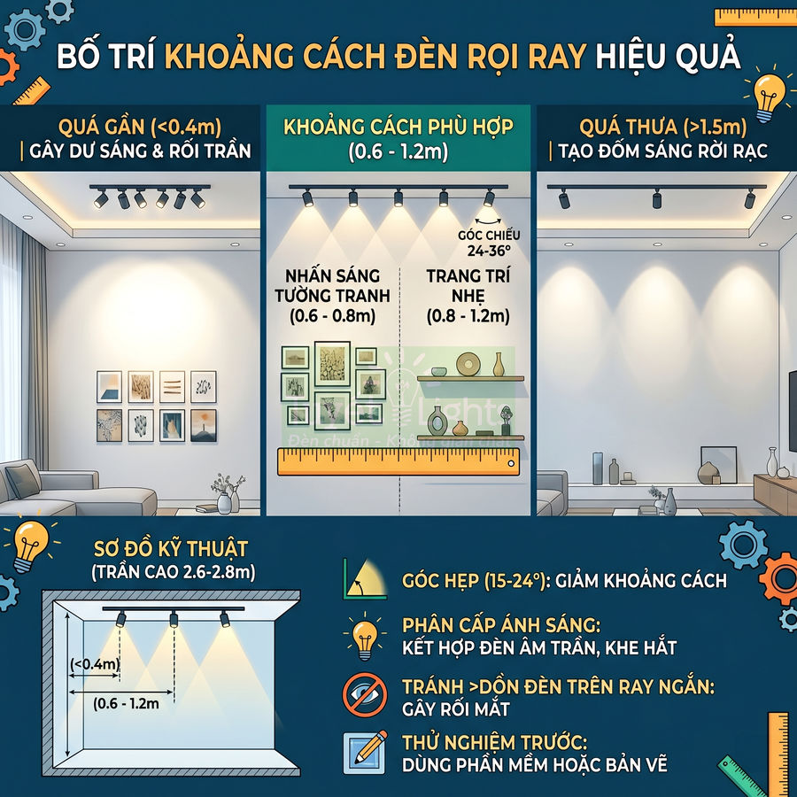 Hướng dẫn bố trí khoảng cách đèn rọi ray chiếu tranh và trang trí tường phòng khách hợp lý