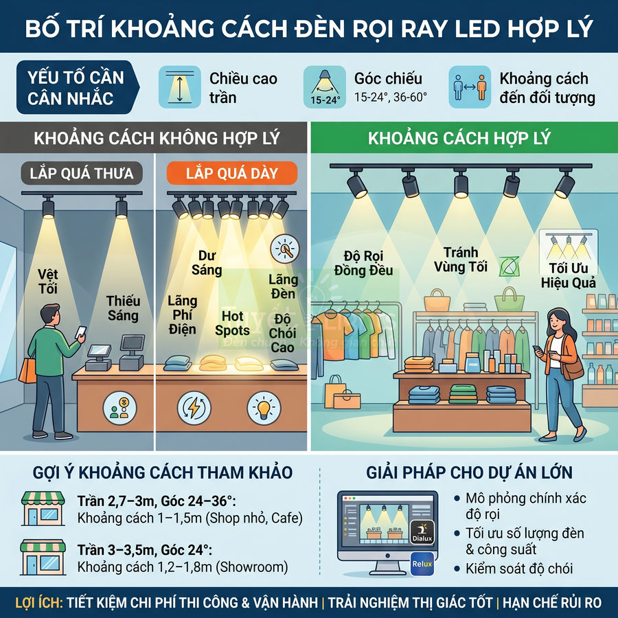 Hướng dẫn bố trí khoảng cách đèn rọi ray LED hợp lý cho cửa hàng thời trang và showroom