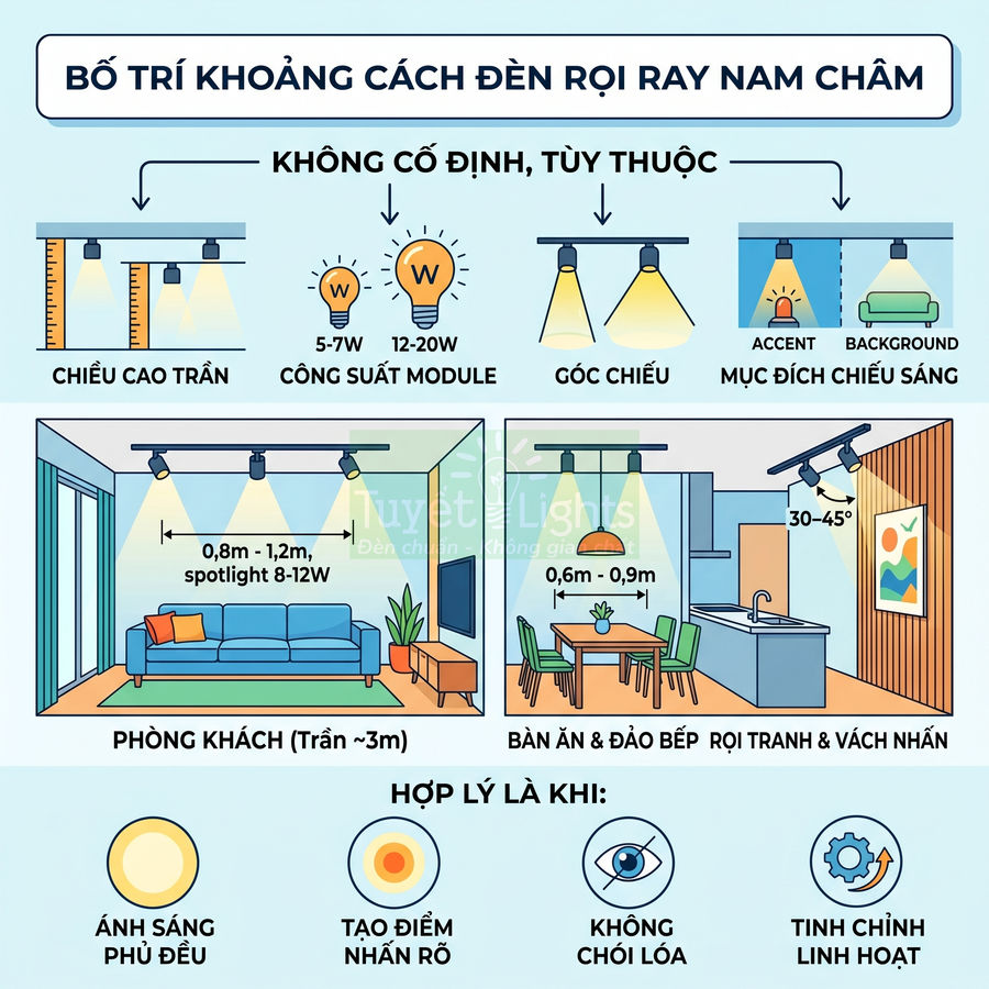 Khoảng cách bố trí đèn rọi ray nam châm bao nhiêu là hợp lý?