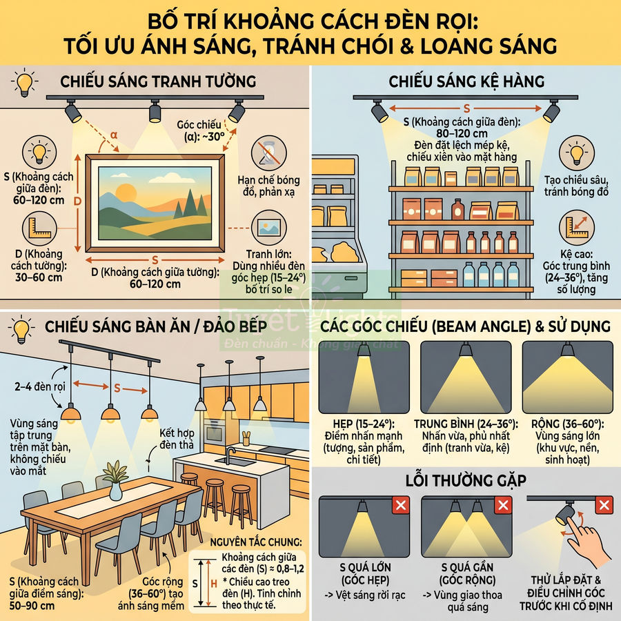 Infographic hướng dẫn bố trí khoảng cách đèn rọi chiếu tranh tường, kệ hàng, bàn ăn và các góc chiếu ánh sáng