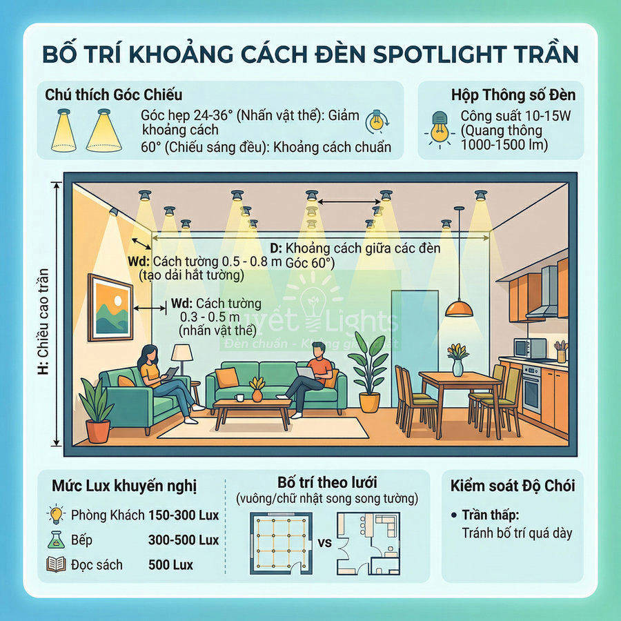 Hướng dẫn bố trí khoảng cách đèn spotlight trần cho phòng khách và bếp trong căn hộ hiện đại