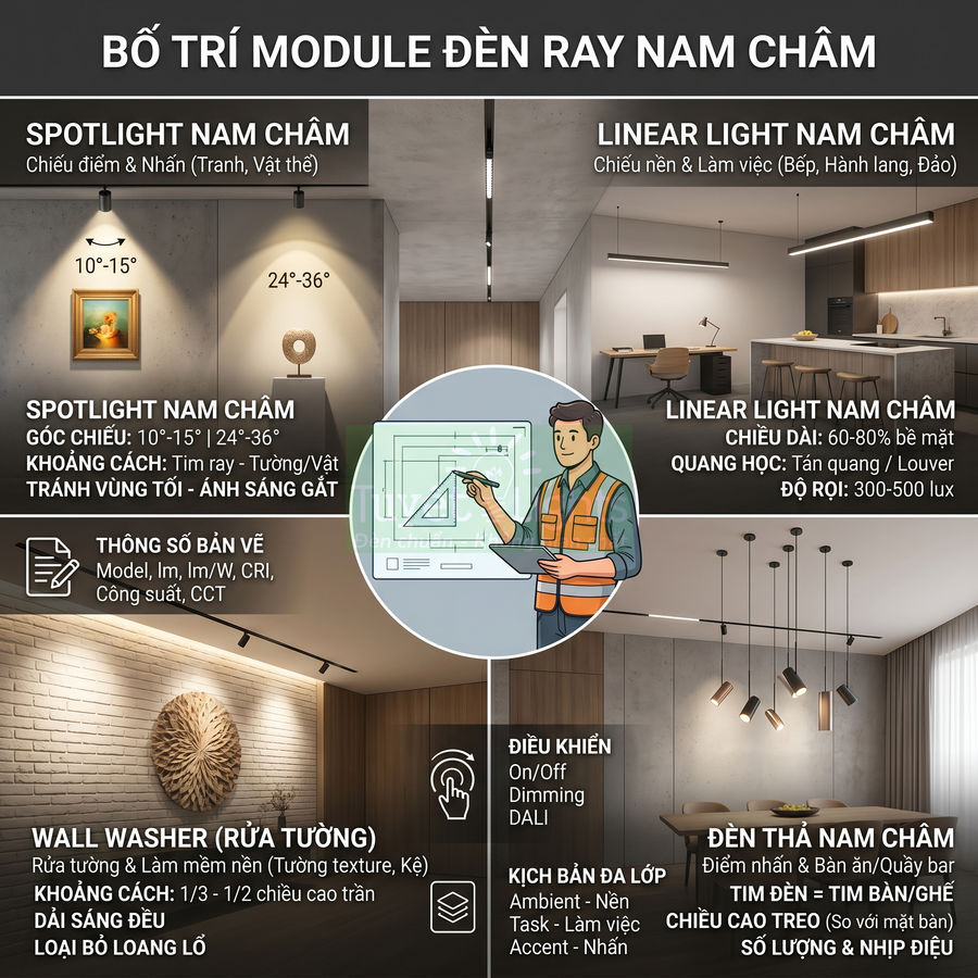 Bố trí các loại đèn ray nam châm spotlight, linear, wall washer và đèn thả cho phòng khách và bếp hiện đại
