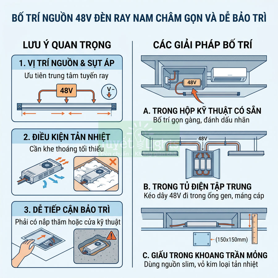 Hướng dẫn bố trí nguồn 48V cho đèn ray nam châm âm trần gọn gàng dễ bảo trì