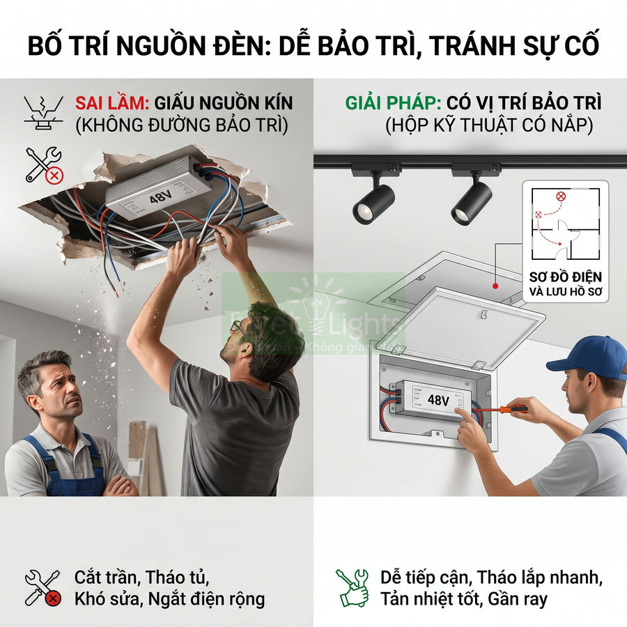 So sánh lắp đặt nguồn đèn 48V giấu kín trên trần và đặt trong hộp kỹ thuật có nắp để dễ bảo trì