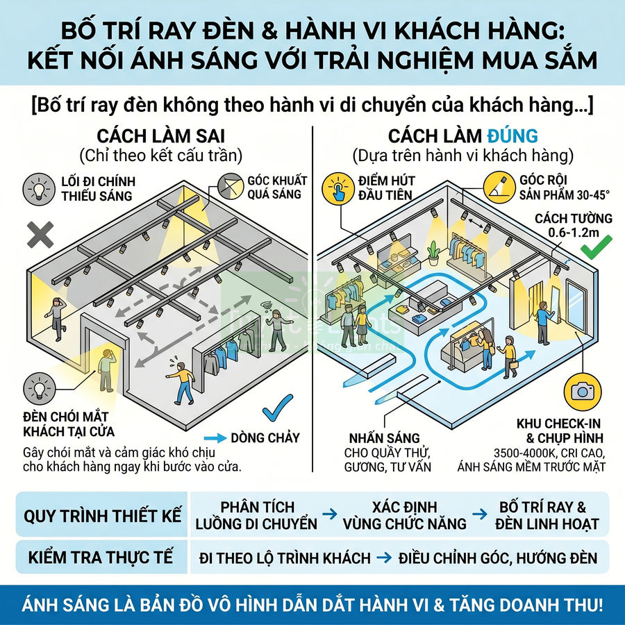 Minh họa bố trí ray đèn trong cửa hàng thời trang theo hành vi khách hàng để tối ưu ánh sáng và trải nghiệm mua sắm