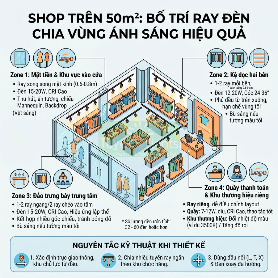 Sơ đồ bố trí ray đèn chiếu sáng cho shop thời trang trên 50m2 chia 4 zone trưng bày quần áo