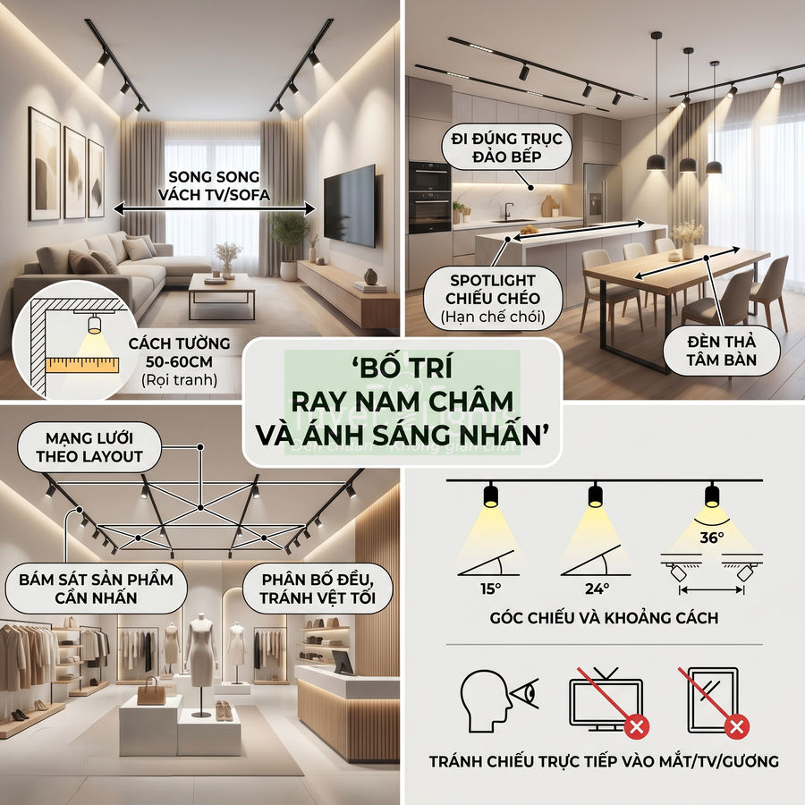 Hướng dẫn bố trí đèn ray nam châm và ánh sáng nhấn cho phòng khách, bếp và cửa hàng thời trang