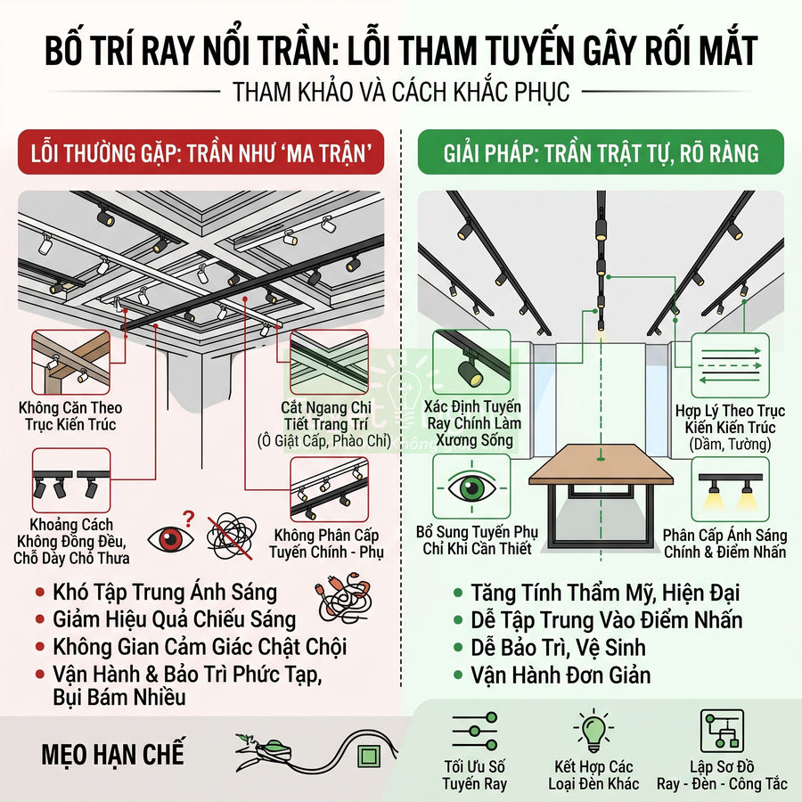 Infographic so sánh lỗi bố trí ray đèn nổi trần rối mắt và giải pháp sắp xếp ray chiếu sáng gọn gàng, thẩm mỹ