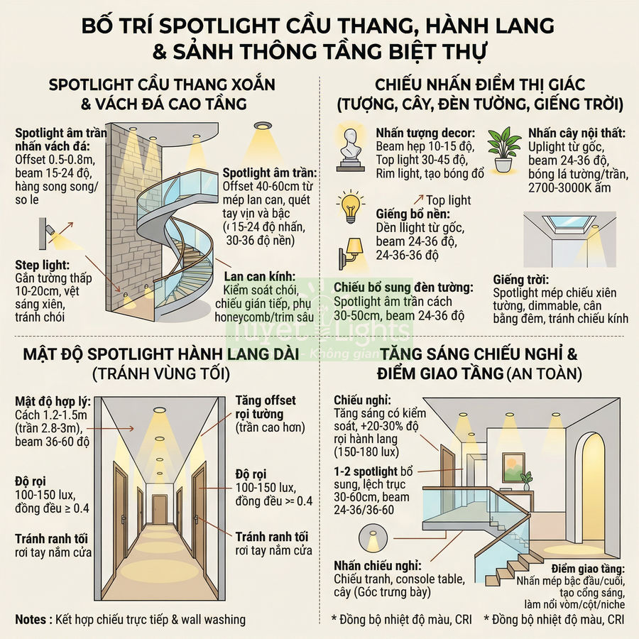 Hướng dẫn bố trí đèn spotlight cầu thang, hành lang và sảnh biệt thự với minh họa vị trí lắp đặt chi tiết