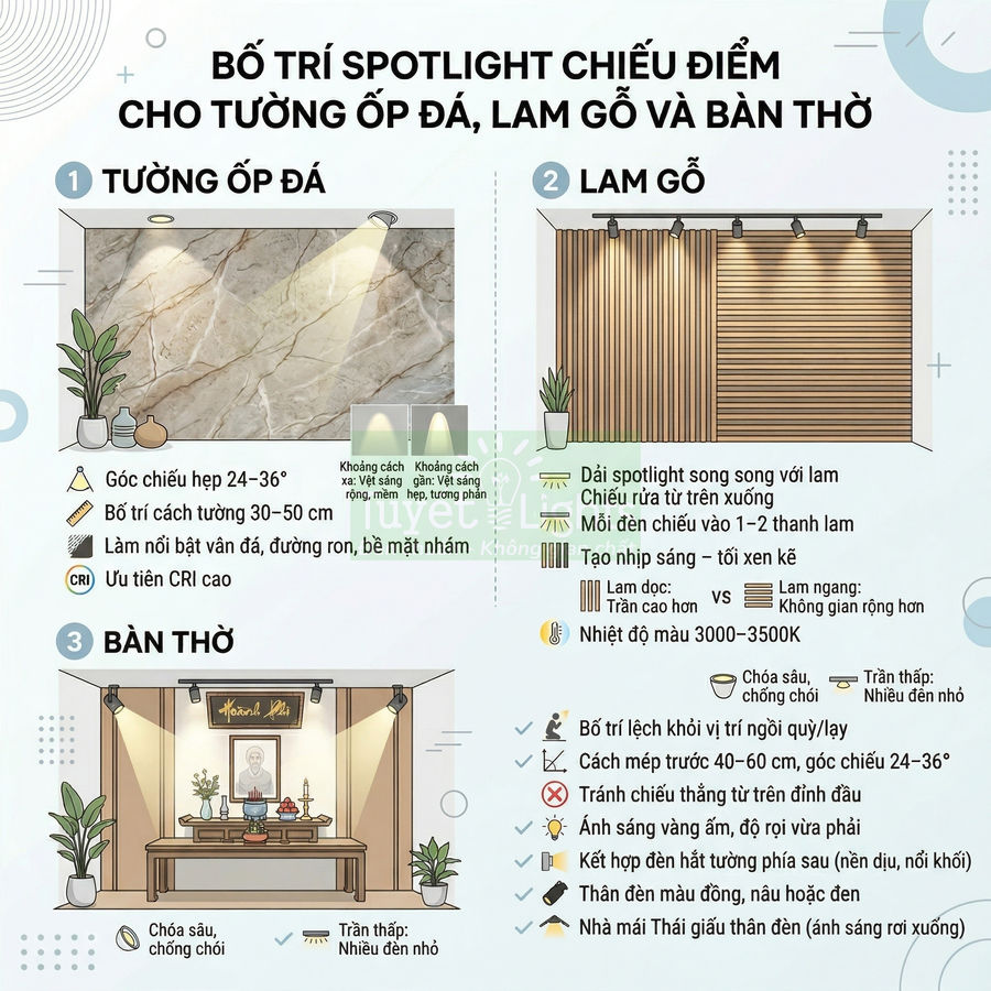 Hướng dẫn bố trí đèn spotlight chiếu điểm cho tường ốp đá, lam gỗ và bàn thờ trong nội thất nhà ở