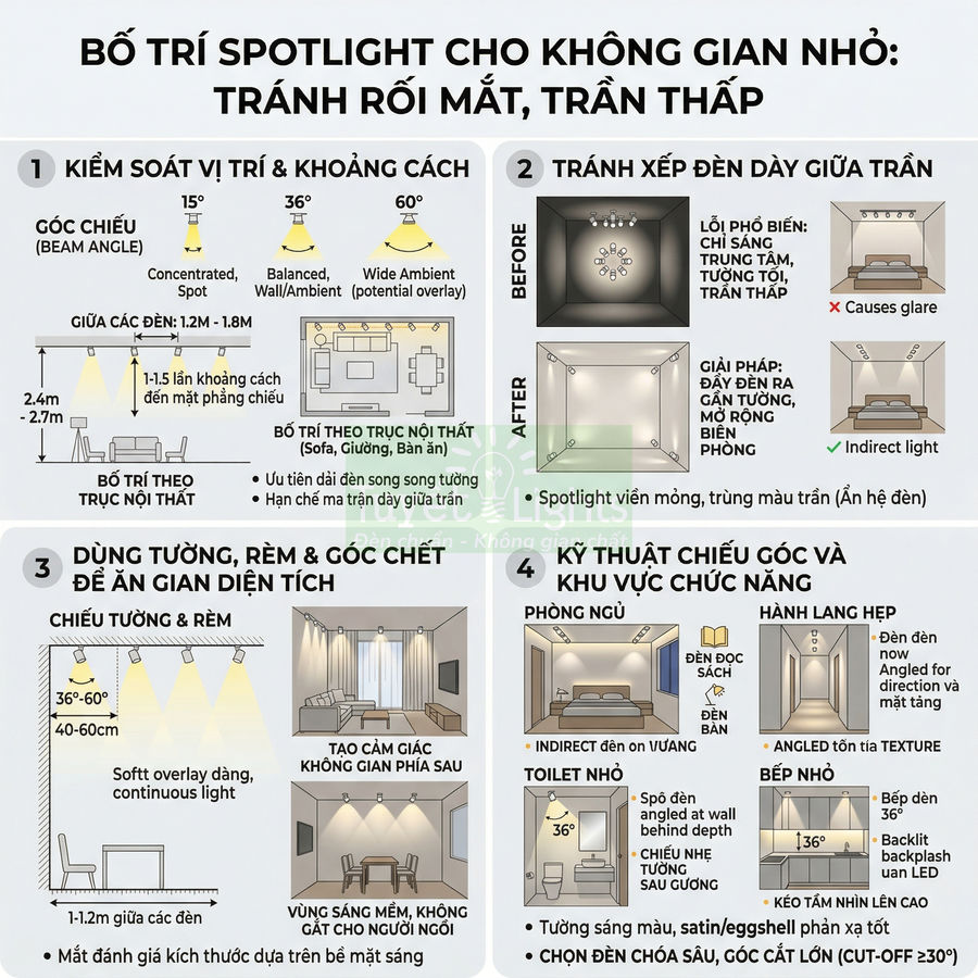 Hướng dẫn bố trí đèn spotlight trần nhà cho không gian nhỏ, tránh chói mắt và tối ưu chiếu sáng phòng ngủ, bếp, hành lang