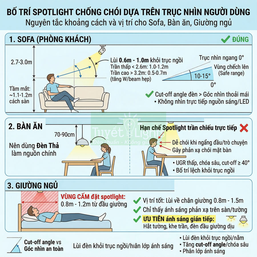 Hướng dẫn bố trí đèn spotlight chống chói cho sofa phòng khách, bàn ăn và giường ngủ trong nhà