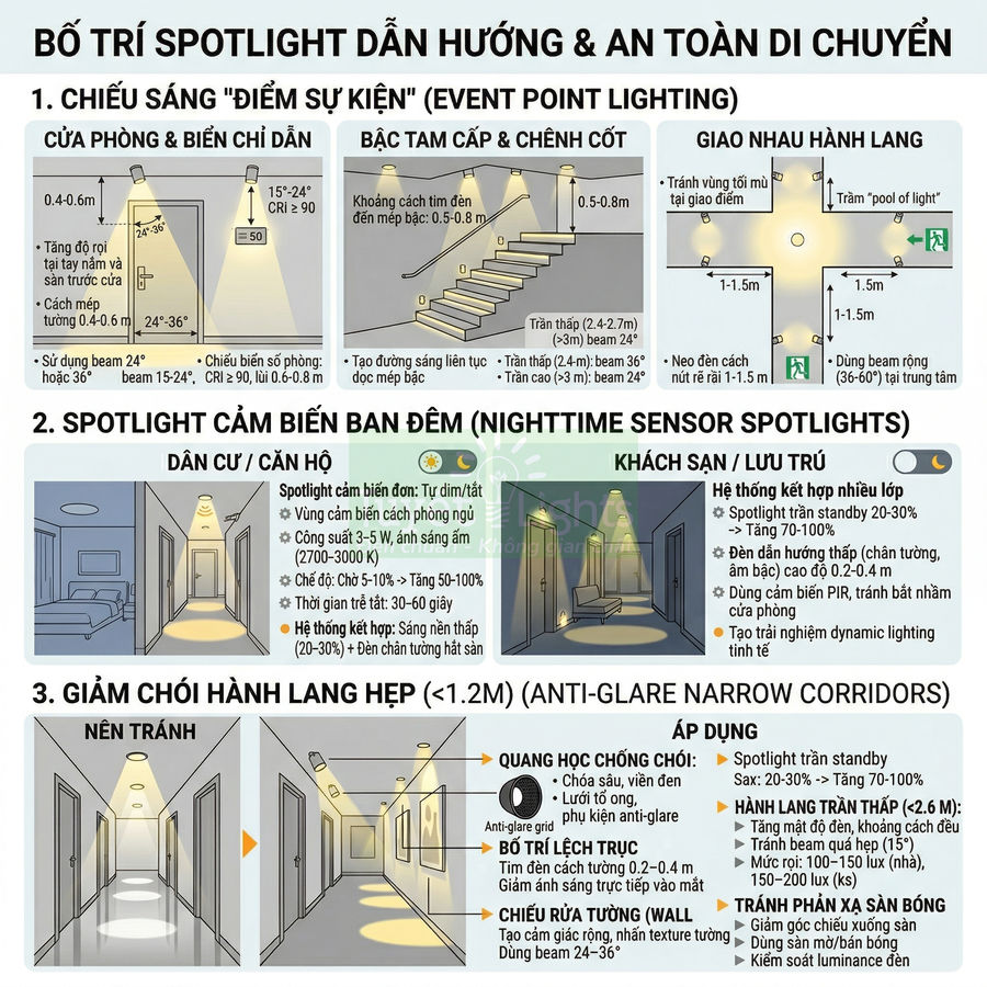 Hướng dẫn bố trí đèn spotlight dẫn hướng an toàn di chuyển cho hành lang, cầu thang và cửa phòng