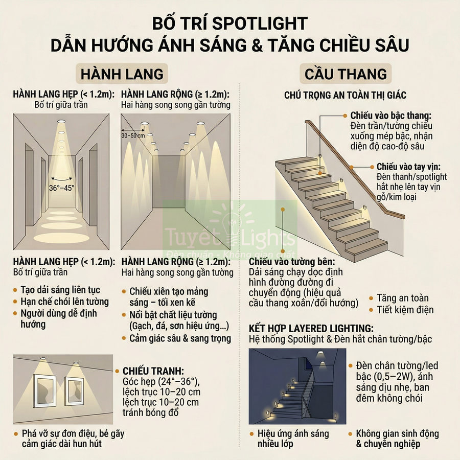 Hướng dẫn bố trí đèn spotlight cho hành lang và cầu thang để dẫn hướng ánh sáng và tăng chiều sâu không gian
