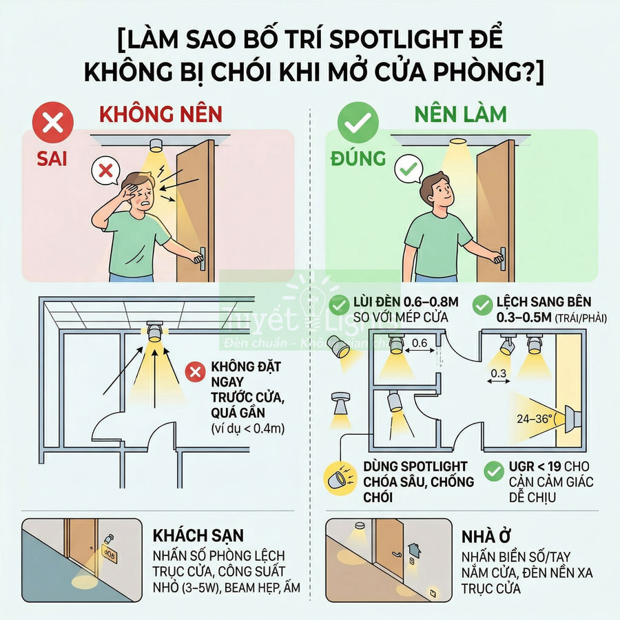Hướng dẫn bố trí đèn spotlight chống chói khi mở cửa phòng với ví dụ cho khách sạn và nhà ở