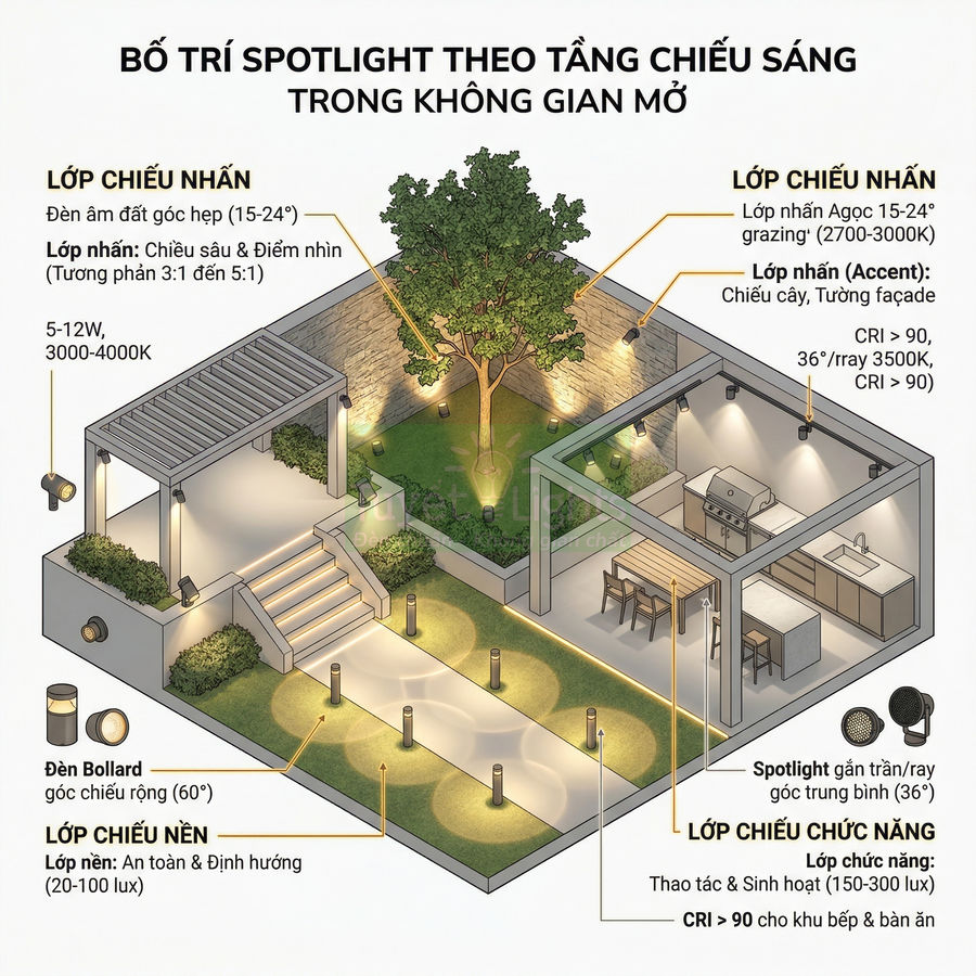 Sơ đồ bố trí đèn spotlight ngoài trời nhiều lớp chiếu sáng cho sân vườn và khu bếp ăn không gian mở