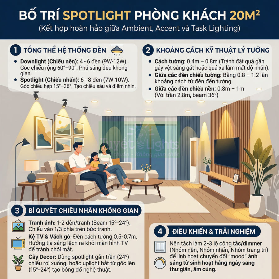 Bố trí đèn spotlight phòng khách 20m2 với sofa, kệ tivi, tranh treo tường và cây trang trí