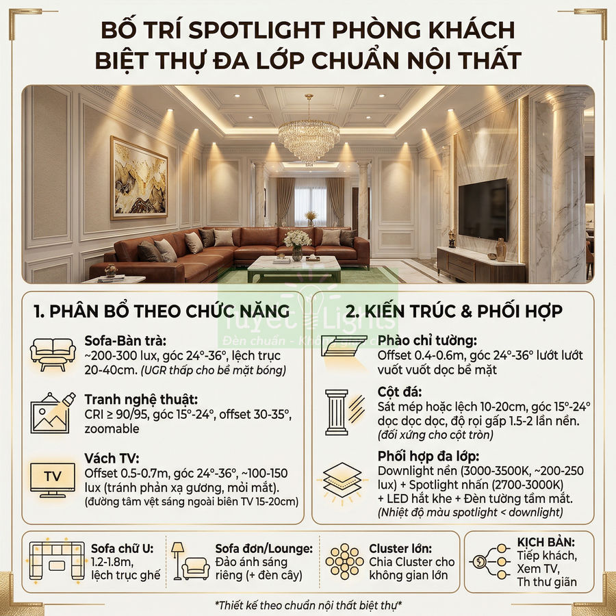 Bố trí đèn spotlight trần cho phòng khách biệt thự sang trọng với sofa chữ U và bàn trà trung tâm