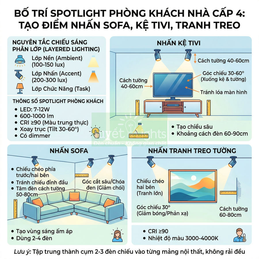 Infographic hướng dẫn bố trí đèn spotlight phòng khách chiếu nhấn sofa, kệ tivi và tranh treo tường