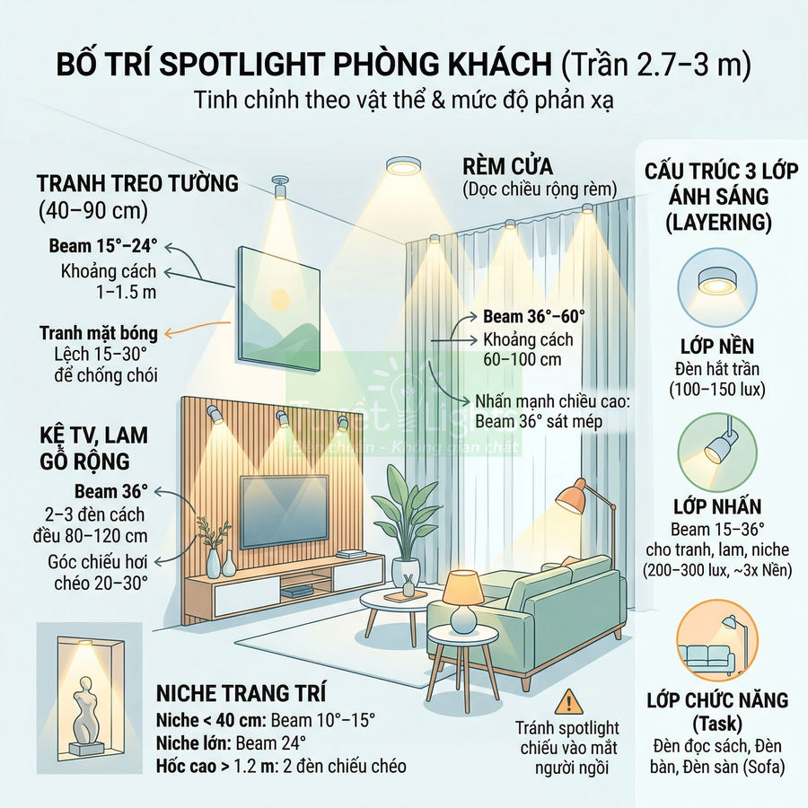 Sơ đồ bố trí đèn spotlight phòng khách với các lớp ánh sáng cho tranh tường, rèm cửa, kệ TV và sofa