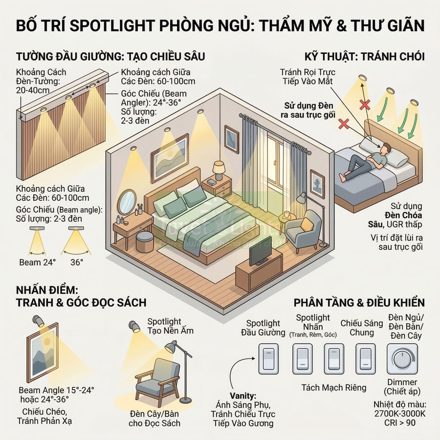 Minh họa bố trí đèn spotlight phòng ngủ thẩm mỹ, thư giãn với giường, bàn trang điểm, ghế đọc sách và các vùng chiếu sáng
