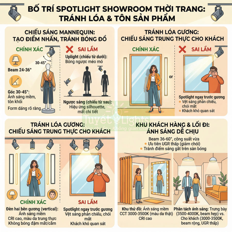 Hướng dẫn bố trí đèn spotlight showroom thời trang để chiếu sáng mannequin, gương và khu thử đồ tránh lóa tôn sản phẩm