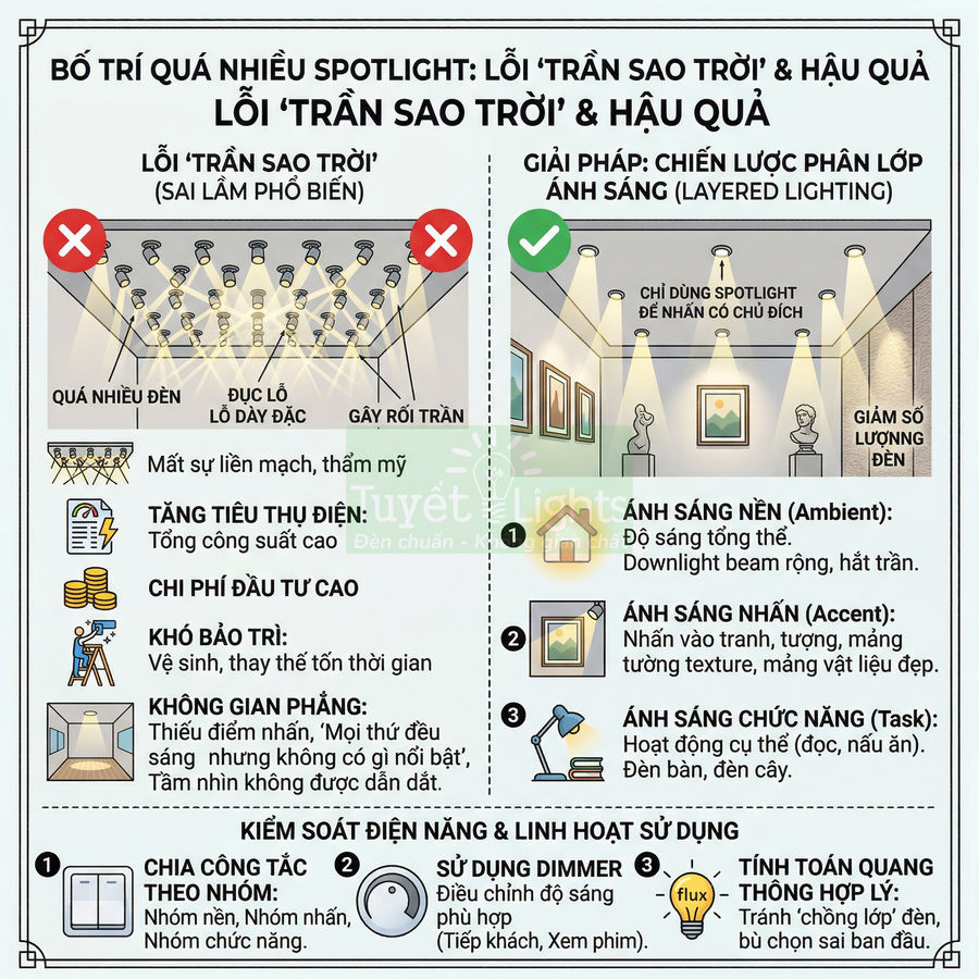 Infographic hướng dẫn bố trí đèn spotlight trần nhà và chiến lược phân lớp ánh sáng phòng khách