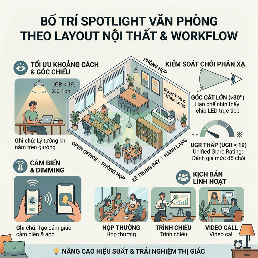 Infographic bố trí đèn spotlight văn phòng theo layout nội thất và workflow, tối ưu chiếu sáng cho nhiều khu vực làm việc