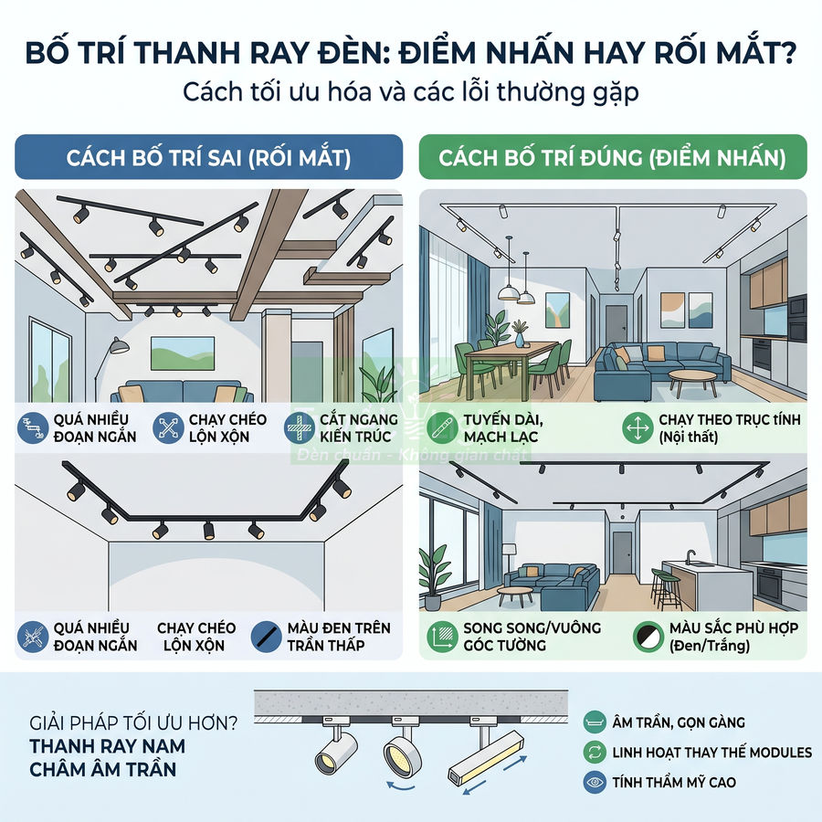 Minh họa cách bố trí thanh ray đèn trần đúng và sai trong phòng khách và bếp, nhấn mạnh giải pháp thanh ray nam châm