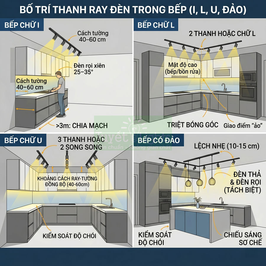 Sơ đồ bố trí thanh ray đèn rọi cho các kiểu bếp chữ I L U và bếp có đảo trong không gian bếp hiện đại