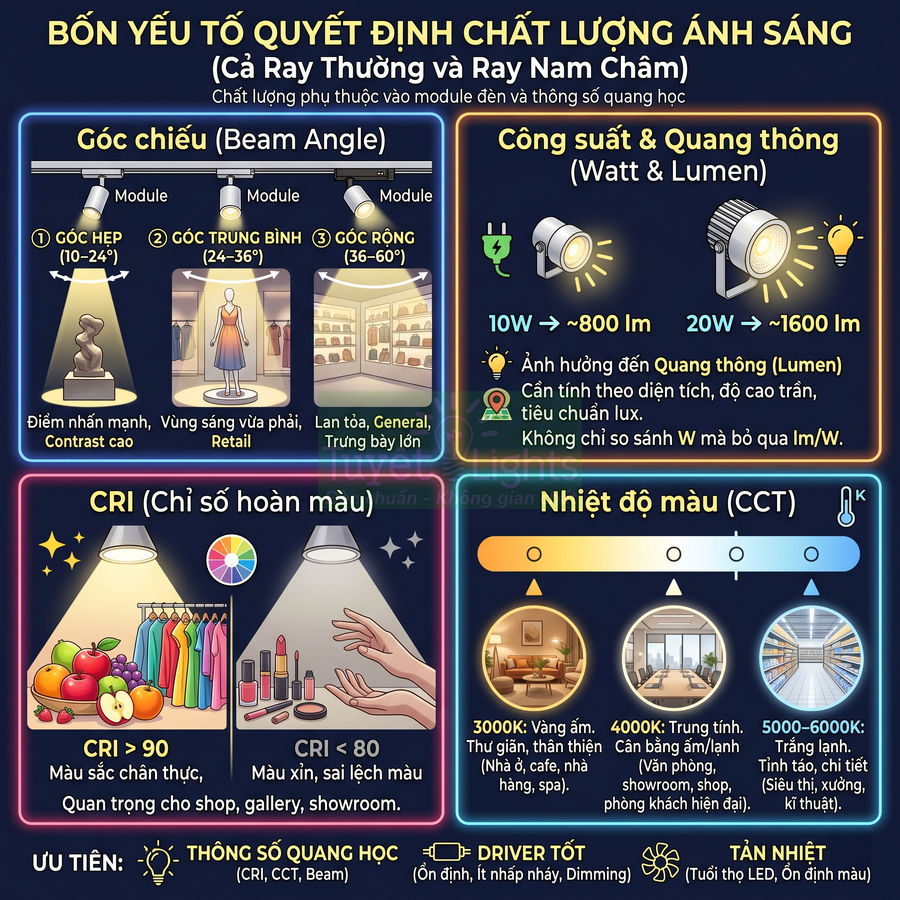 Infographic bốn yếu tố quyết định chất lượng ánh sáng đèn LED: góc chiếu, công suất, CRI và nhiệt độ màu