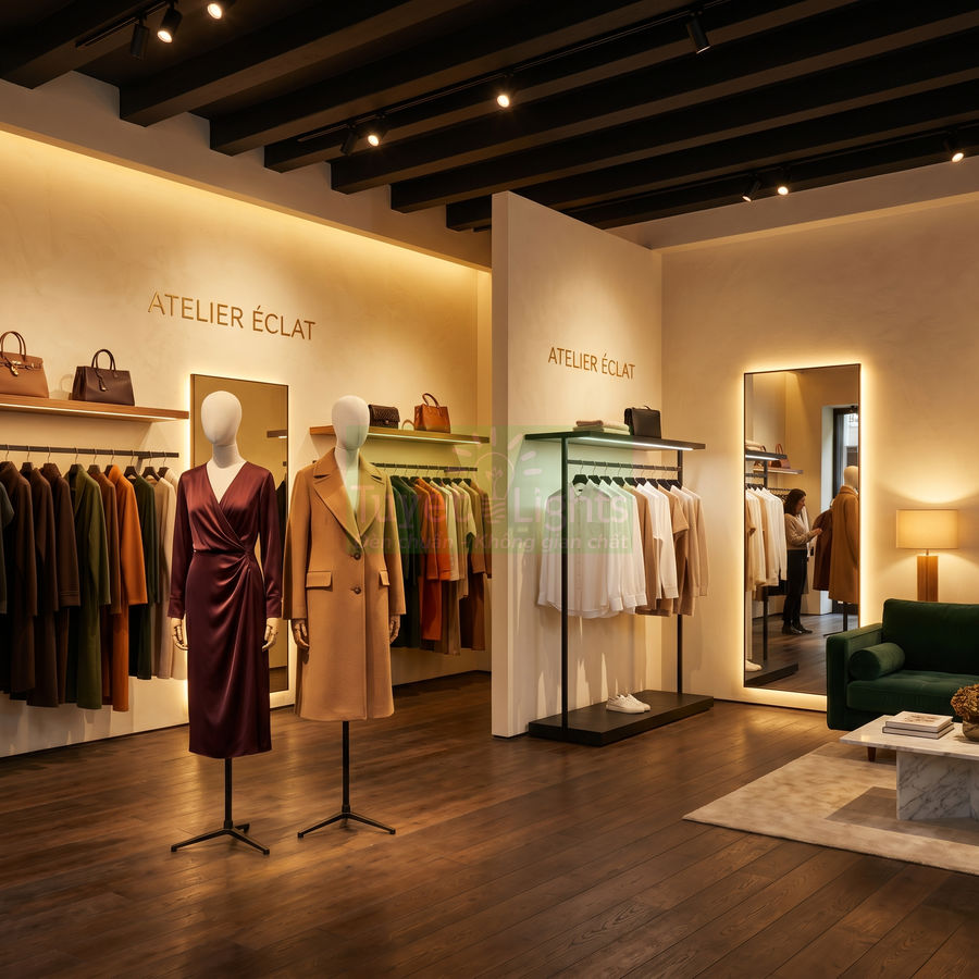 Cửa hàng thời trang Atelier Éclat với mannequin mặc váy lụa tím và áo khoác dạ camel trên nền kệ quần áo cao cấp