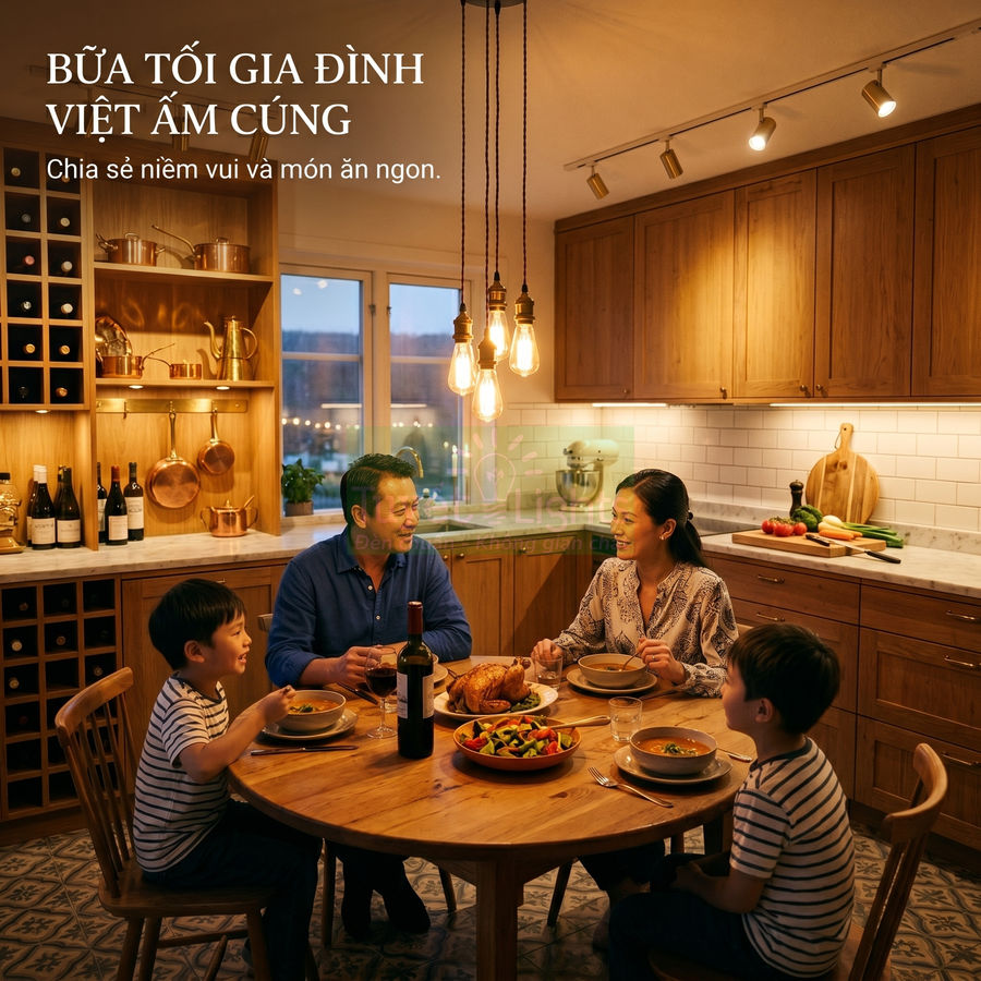 Bữa tối gia đình Việt quây quần bên bàn ăn gỗ với gà nướng, rượu vang và các món ăn nóng hổi trong bếp ấm cúng